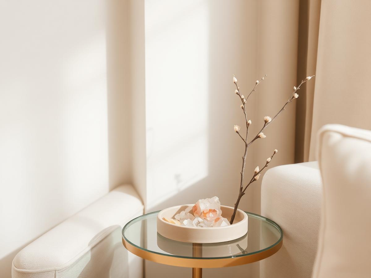 A small tray of crystals on a side table in a calm living room